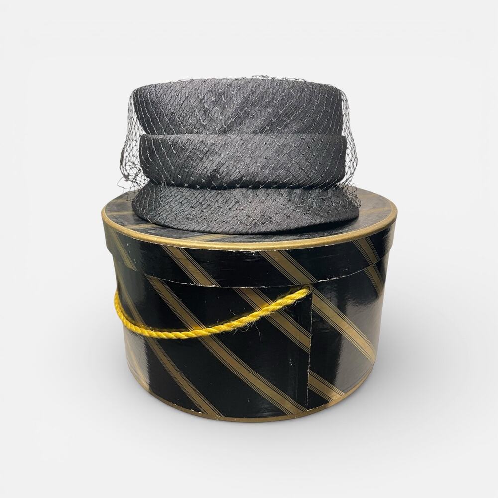 Vintage 1950s Black Pillbox Hat w Original Striped Hat Box Union Made 22”
